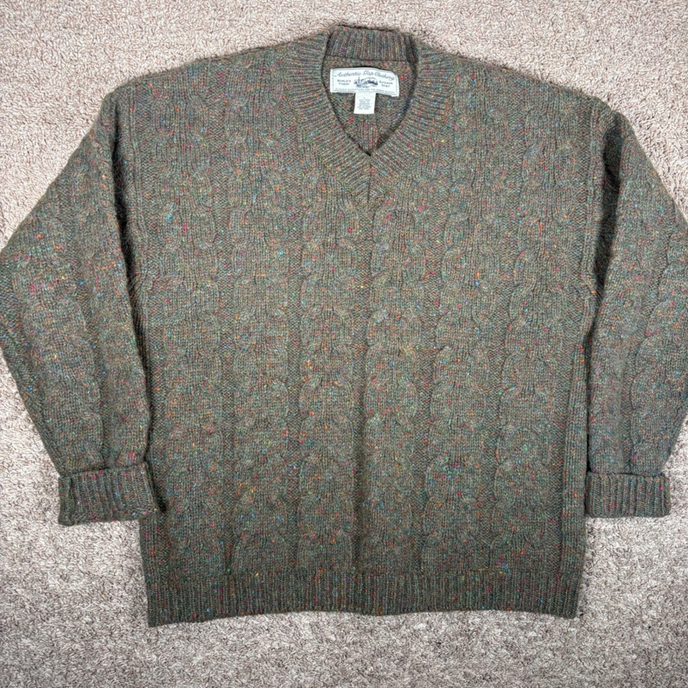 Vintage Gap Mens Large 100% Wool Cable Knit Sweater Olive Green Confetti Speckle